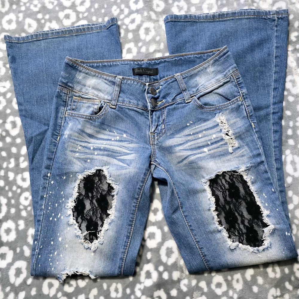 Black Crystal Flare Wide Leg Distressed Jeans **SIZE 27×33 MID-RISE